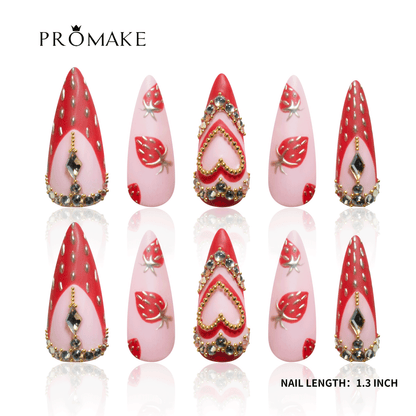 PROMAKE Custom Nails | Strawberry Sweetheart H90041 | Luxury Handmade Press-On Nails, Cute 3D Strawberry Nail Art, Pink & Red Heart Design, Gold Beads & Sparkling Rhinestones，Reusable Nail Kit With Tools, Sizes XS–XL