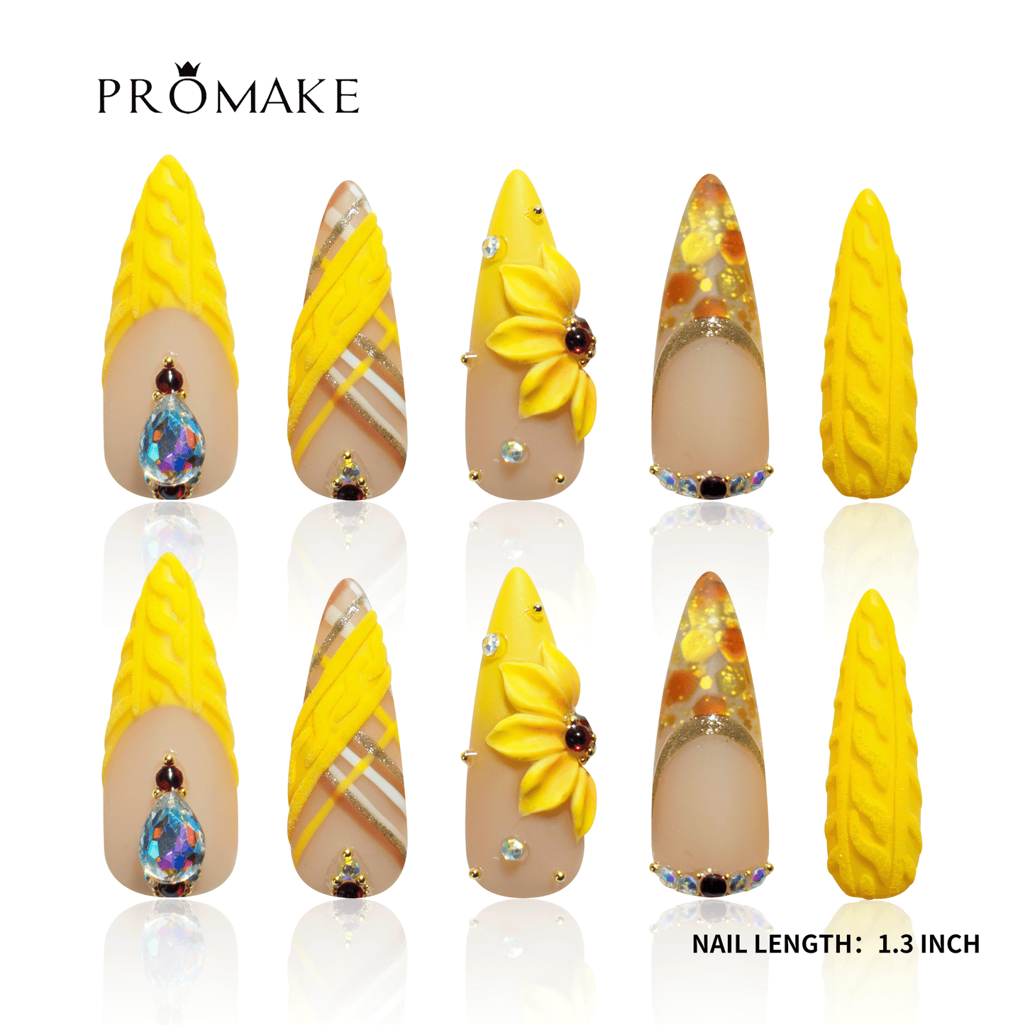 PROMAKE Custom Nails | Golden Sunflower H90042 | Luxury Handmade Press-On Nails, Bright Yellow 3D Sunflower Nail Art, Textured Knit Design, Gold Glitter Accents & Sparkling Rhinestones，Reusable Nail Kit With Tools, Sizes XS–XL