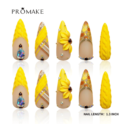 PROMAKE Custom Nails | Golden Sunflower H90042 | Luxury Handmade Press-On Nails, Bright Yellow 3D Sunflower Nail Art, Textured Knit Design, Gold Glitter Accents & Sparkling Rhinestones，Reusable Nail Kit With Tools, Sizes XS–XL