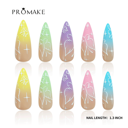 PROMAKE Custom Nails | Pastel Daydream H90043 | Luxury Handmade Press-On Nails, Pastel Rainbow Ombre with Hand-Painted White Bows, Sparkling Star Nail Art, Cute Coquette Aesthetic，Reusable Nail Kit With Tools, Sizes XS–XL