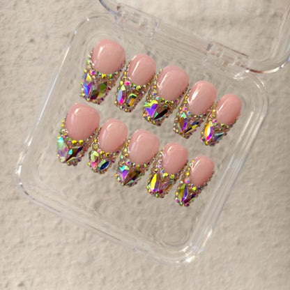 PROMAKE Custom Nails | Aurora Diamond Kiss H90044 | Luxury Handmade Press-On Nails, Nude Pink French Tip Nails with Iridescent AB Rhinestones, Oversized Crystal Gem Accents, Bling 3D Nail Art，Reusable Nail Kit With Tools, Sizes XS–XL