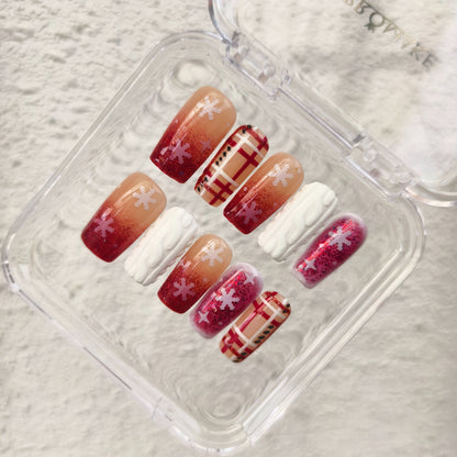 PROMAKE Custom Nails | Cozy Christmas Plaid H90045 | Luxury Handmade Press-On Nails, Red Glitter Ombre, Snowflake Nail Art, Festive Plaid Design & 3D White Sweater Texture，Reusable Nail Kit With Tools, Sizes XS–XL