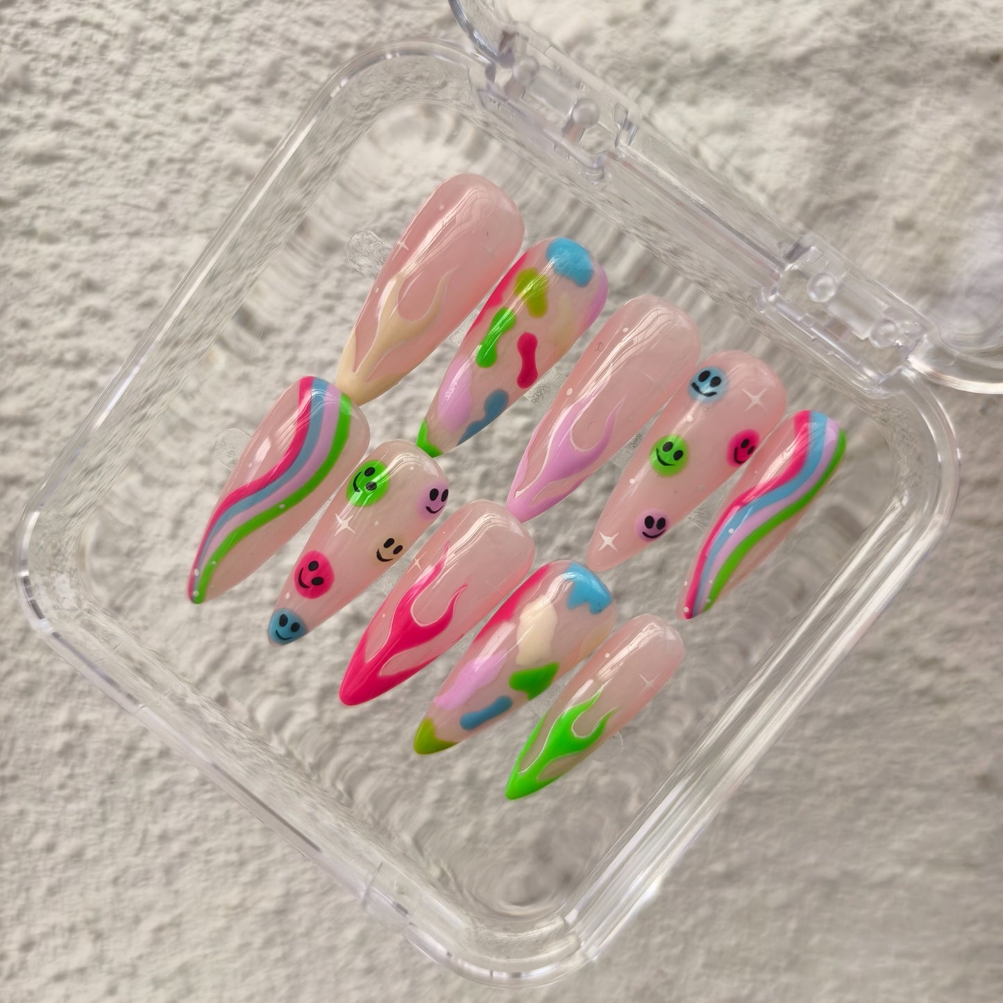PROMAKE Custom Nails | Groovy Happy Vibes H90046 | Luxury Handmade Press-On Nails, Y2K Colorful Smiley Face Nail Art, Neon Pink Green & Blue Flame Designs, Retro Swirl Patterns, Long Stiletto Nails，Reusable Nail Kit With Tools, Sizes XS–XL