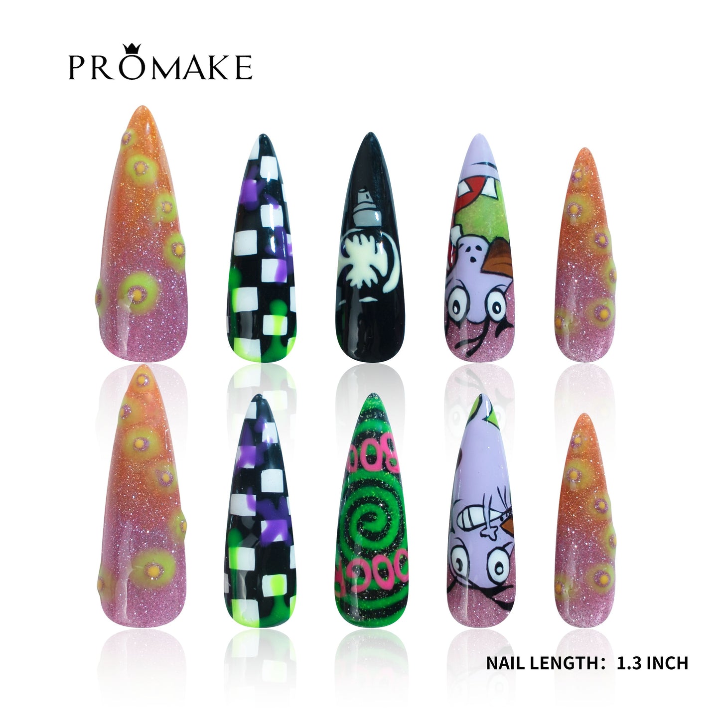 PROMAKE Custom Nails | Spooky Wonderland H90004 | Luxury Handmade Press-On Nails, Colorful Halloween Stiletto Nails With Neon Checkerboard, Glitter And Spooky Cartoon Designs，Reusable Nail Kit With Tools, Sizes XS–XL