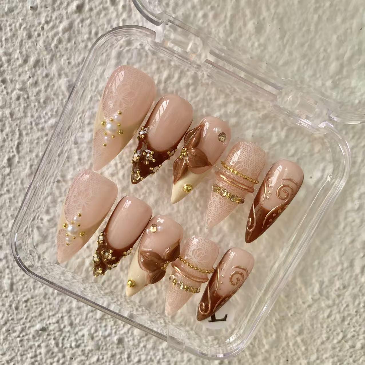 Promake Fall Muse Collection Luxury Handmade Women's Reusable 3D Acrylic Press On Nails - Cat Eye, Rhinestone, Unique Autumn Designs, Multiple Shapes & Lengths, Application Kit, Nail Art Supply