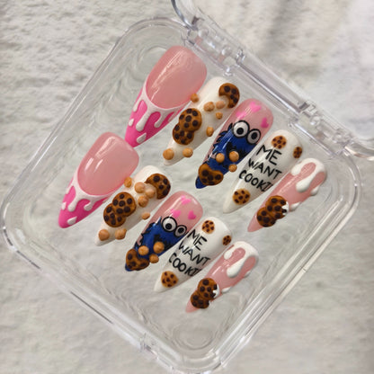 PROMAKE Custom Nails | Cookie Monster Cravings H90050 | Luxury Handmade Press-On Nails, Cute Blue Cookie-Loving Monster Nail Art, 3D Chocolate Chip Cookies, Pink & White Dripping Cream Design，Reusable Nail Kit With Tools, Sizes XS–XL