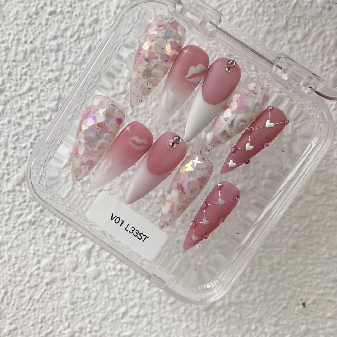 Promake KV01-L33ST-NV Handmade Press On Nails, Elegant Glossy Unisex Accessory, Beach Ready, Nail Art Tools, Different Lengths, No Dry Time, No UV Lamp, Stay Secure Through Sunscreen, Fashion Unisex