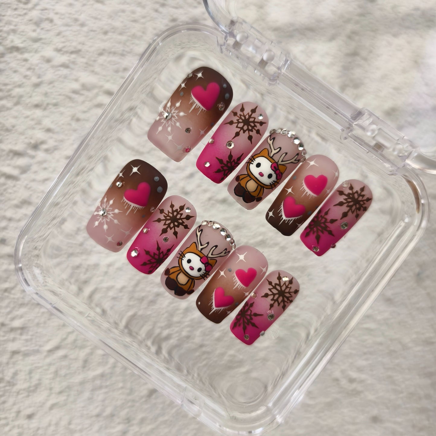 PROMAKE Custom Nails | Pink Reindeer Kisses H90053 | Luxury Handmade Press-On Nails,Cute Reindeer Cartoon Nail Art, Pink Hearts, Snowflakes & Rhinestones，Reusable Nail Kit With Tools, Sizes XS–XL
