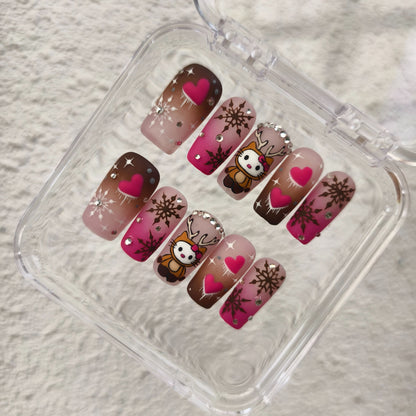 PROMAKE Custom Nails | Pink Reindeer Kisses H90053 | Luxury Handmade Press-On Nails,Cute Reindeer Cartoon Nail Art, Pink Hearts, Snowflakes & Rhinestones，Reusable Nail Kit With Tools, Sizes XS–XL
