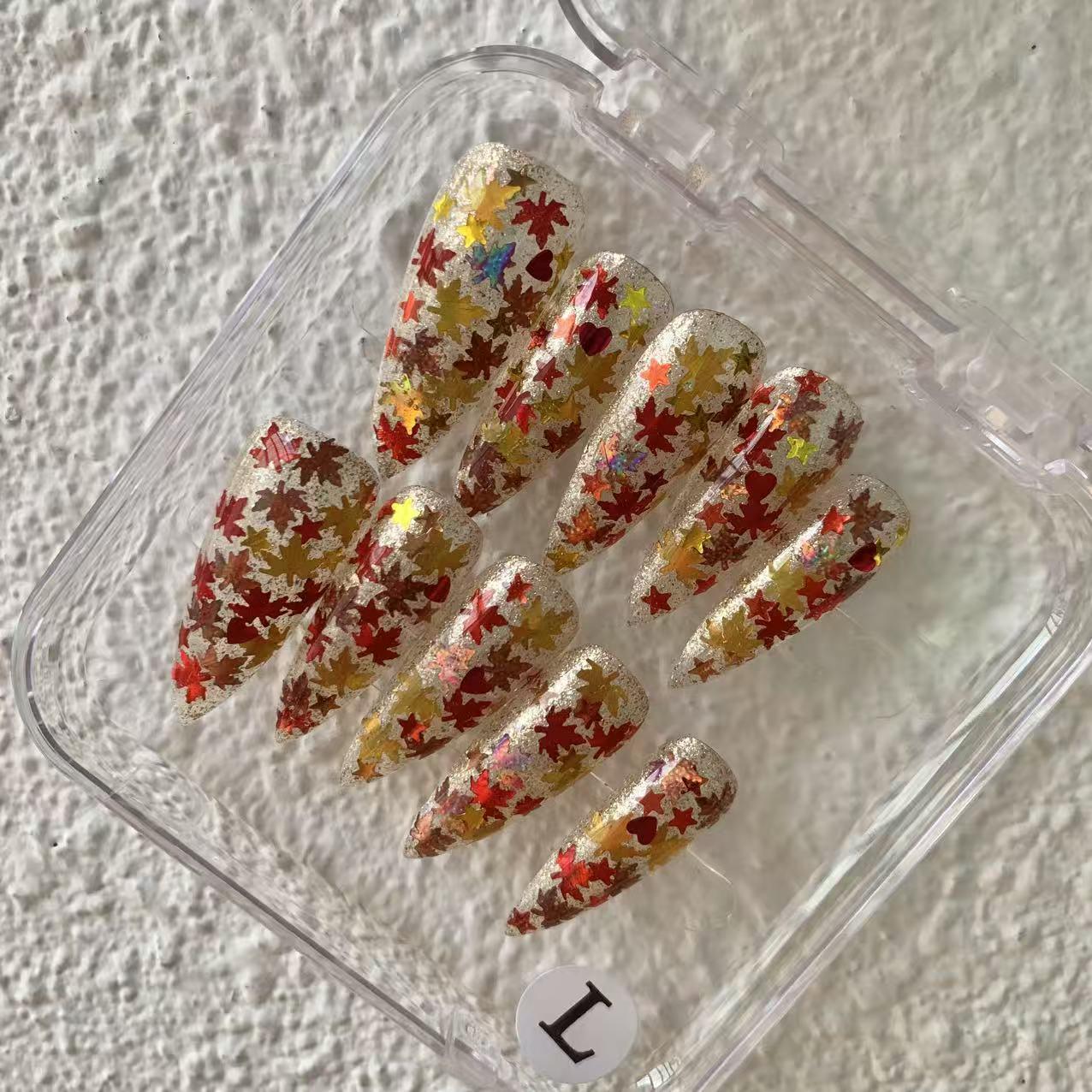 Promake Fall Muse Collection Luxury Handmade Women's Reusable 3D Acrylic Press On Nails - Cat Eye, Rhinestone, Unique Autumn Designs, Multiple Shapes & Lengths, Application Kit, Nail Art Supply