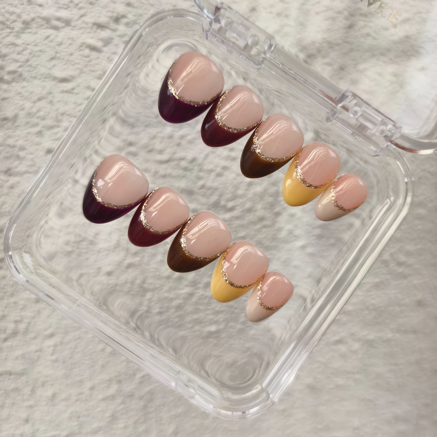 PROMAKE Custom Nails | Autumn Elegance H90055 | Luxury Handmade Press-On Nails,Burgundy & Brown French Tips, Nude Pink Base, Gold Glitter Accents，Reusable Nail Kit With Tools, Sizes XS–XL