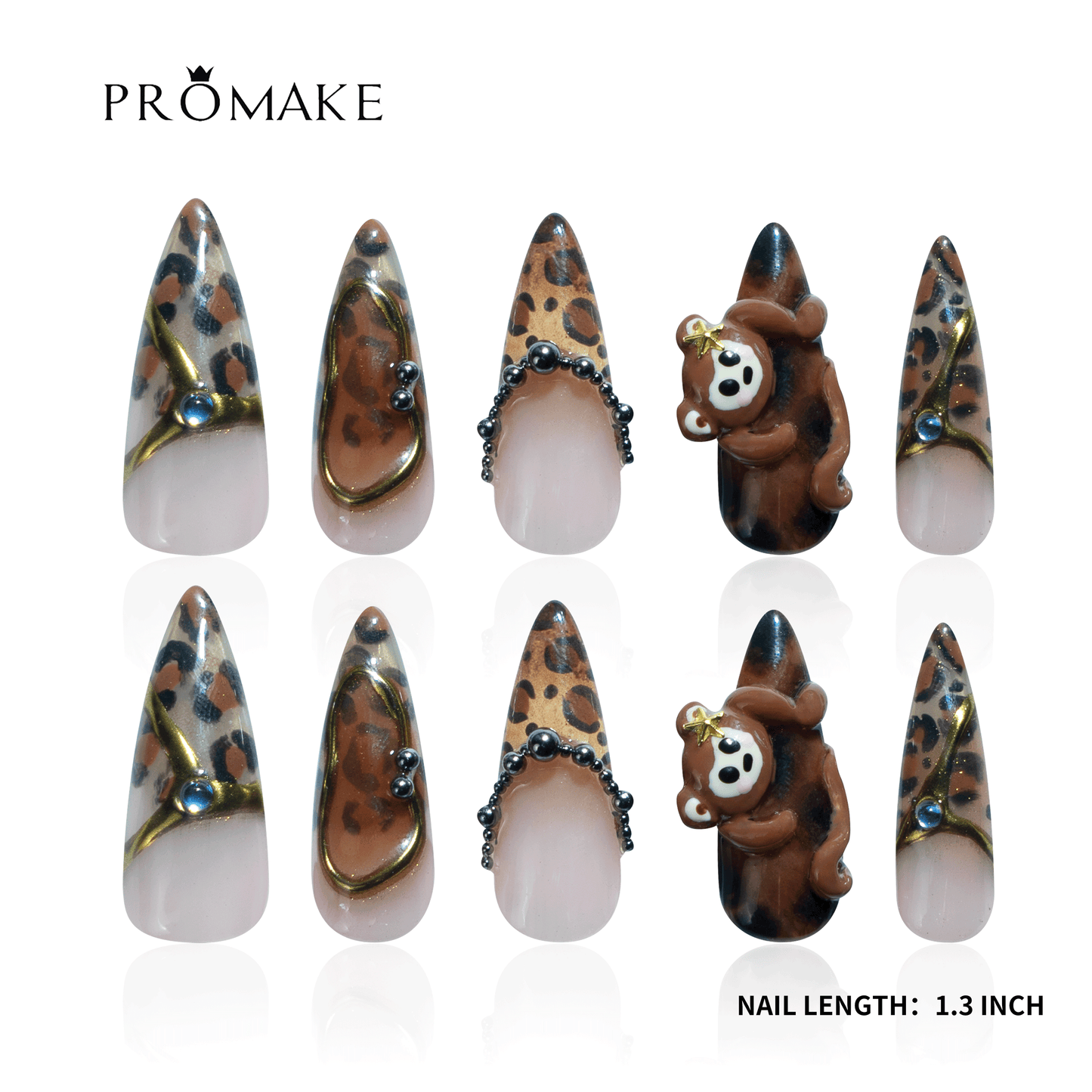 PROMAKE Custom Nails | Wild Teddy Luxe H90056 | Luxury Handmade Press-On Nails,Leopard Print, Cute 3D Teddy Bear, Gold Chrome & Rhinestone Accents，Reusable Nail Kit With Tools, Sizes XS–XL