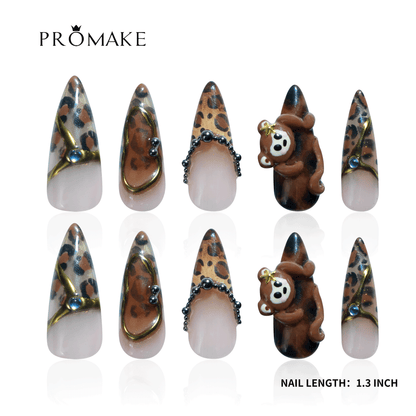 PROMAKE Custom Nails | Wild Teddy Luxe H90056 | Luxury Handmade Press-On Nails,Leopard Print, Cute 3D Teddy Bear, Gold Chrome & Rhinestone Accents，Reusable Nail Kit With Tools, Sizes XS–XL