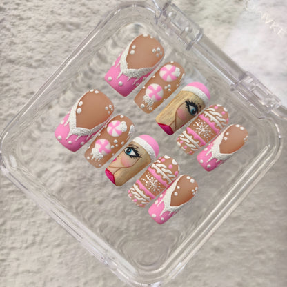 PROMAKE Custom Nails | Pink Frosted Christmas H90057 | Luxury Handmade Press-On Nails,Pink Candy Cane & Gingerbread Nail Art, Snowflakes, Glitter Dripping Design, Cute Holiday Nails，Reusable Nail Kit With Tools, Sizes XS–XL
