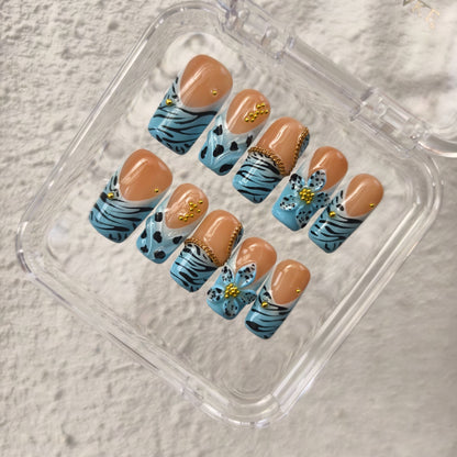 PROMAKE Custom Nails | Wild Blue Elegance H90058 | Luxury Handmade Press-On Nails,Blue Zebra & Leopard Print French Tips, 3D Floral Nail Art, Gold Chain & Rhinestone Accents，Reusable Nail Kit With Tools, Sizes XS–XL