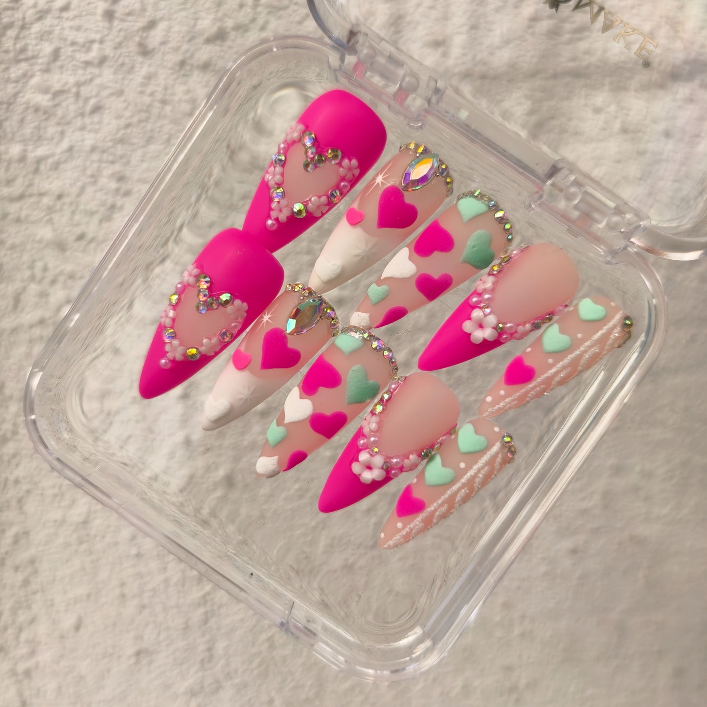 PROMAKE Custom Nails | Candy Heart Crush H90059 | Luxury Handmade Press-On Nails,Hot Pink & Pastel Heart Nail Art, 3D Flowers, Sparkling Rhinestones, Cute Coquette Valentine’s Day Design，Reusable Nail Kit With Tools, Sizes XS–XL