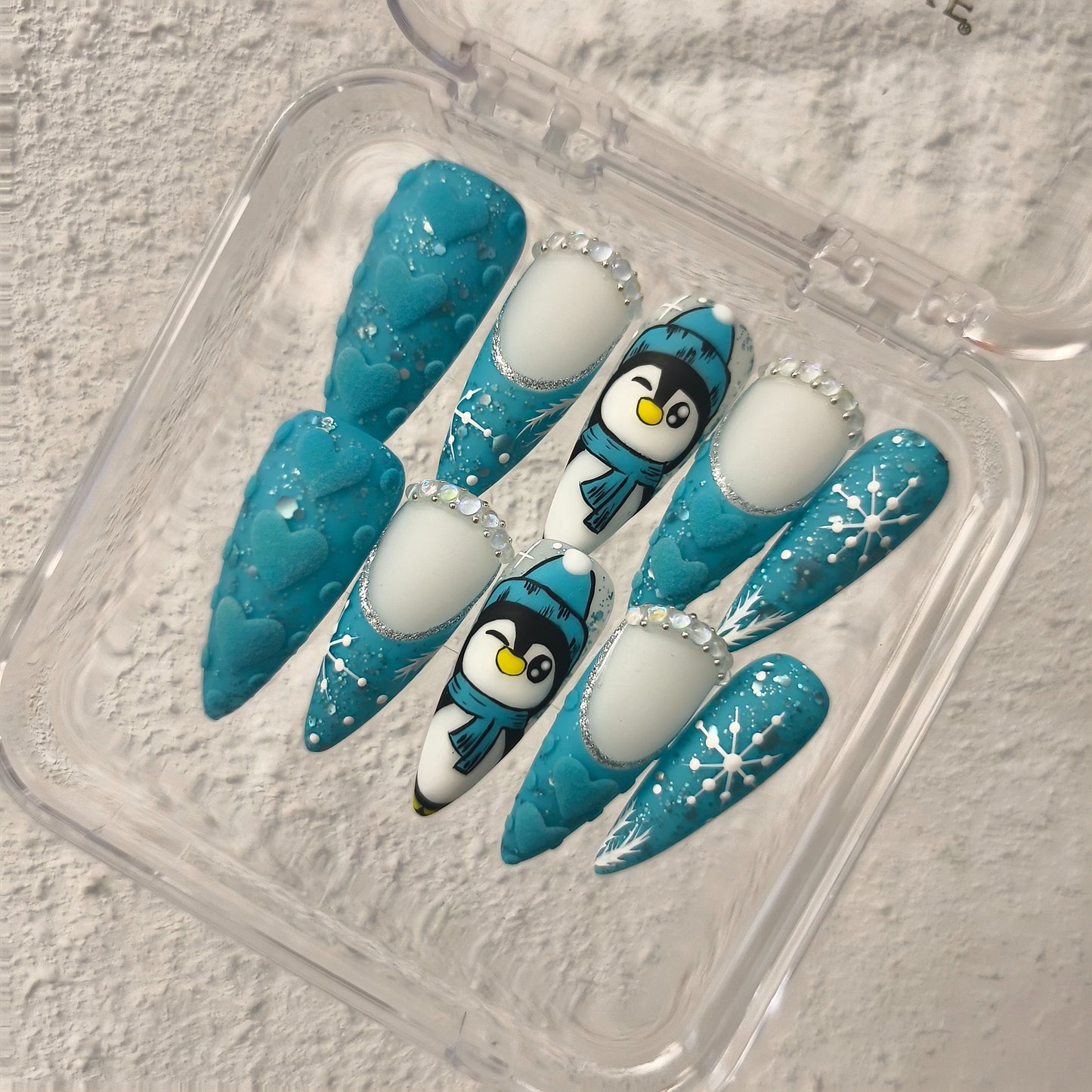 PROMAKE Custom Nails | Frosty Penguin Dreams H90060 | Luxury Handmade Press-On Nails,Cute Winter Penguin Nail Art, Blue Snowflakes, 3D Hearts & Rhinestones，Reusable Nail Kit With Tools, Sizes XS–XL