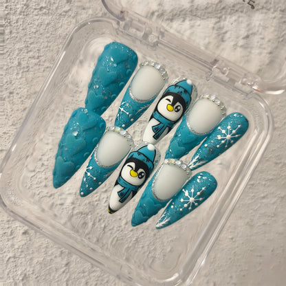 PROMAKE Custom Nails | Frosty Penguin Dreams H90060 | Luxury Handmade Press-On Nails,Cute Winter Penguin Nail Art, Blue Snowflakes, 3D Hearts & Rhinestones，Reusable Nail Kit With Tools, Sizes XS–XL