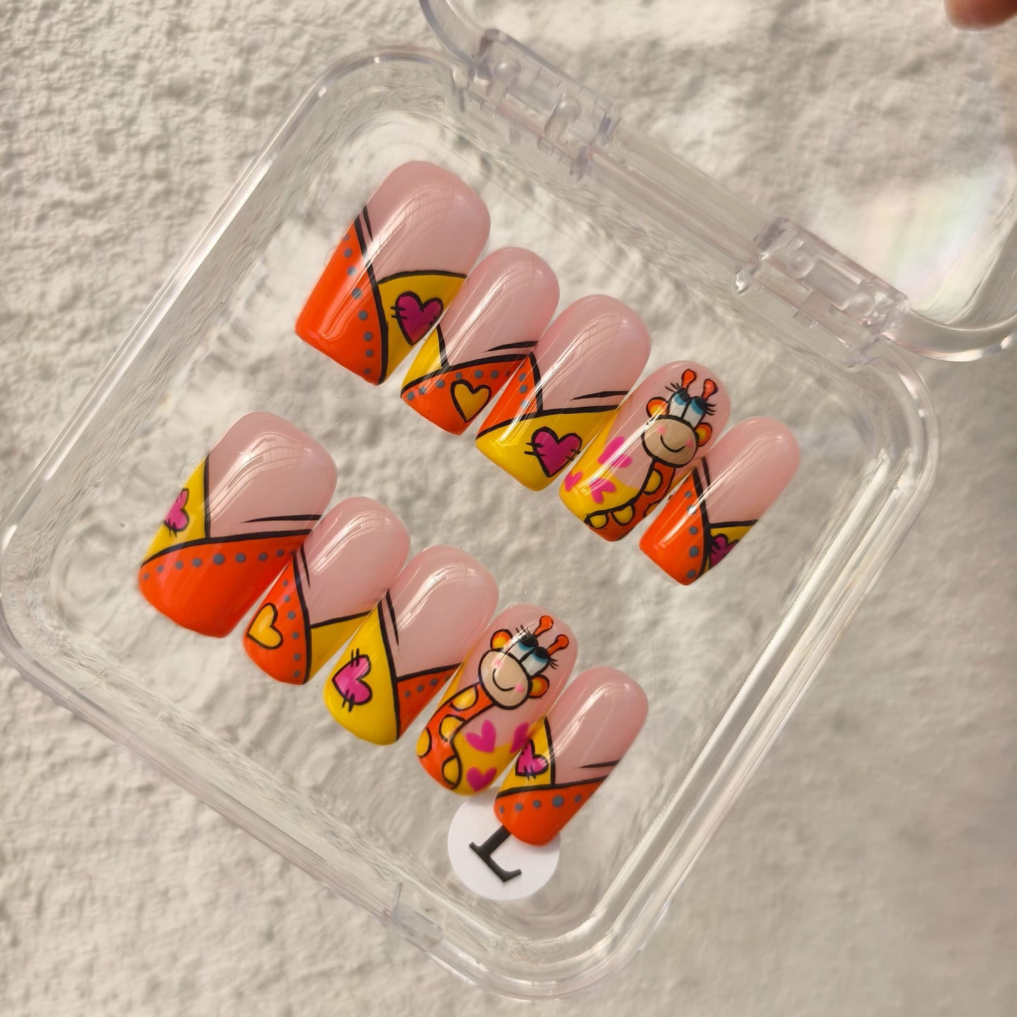 PROMAKE Custom Nails | Giraffe Sweetheart H90061 | Luxury Handmade Press-On Nails,Cute Cartoon Giraffe Nail Art, Orange & Yellow Geometric French Tips, Pink Hearts，Reusable Nail Kit With Tools, Sizes XS–XL