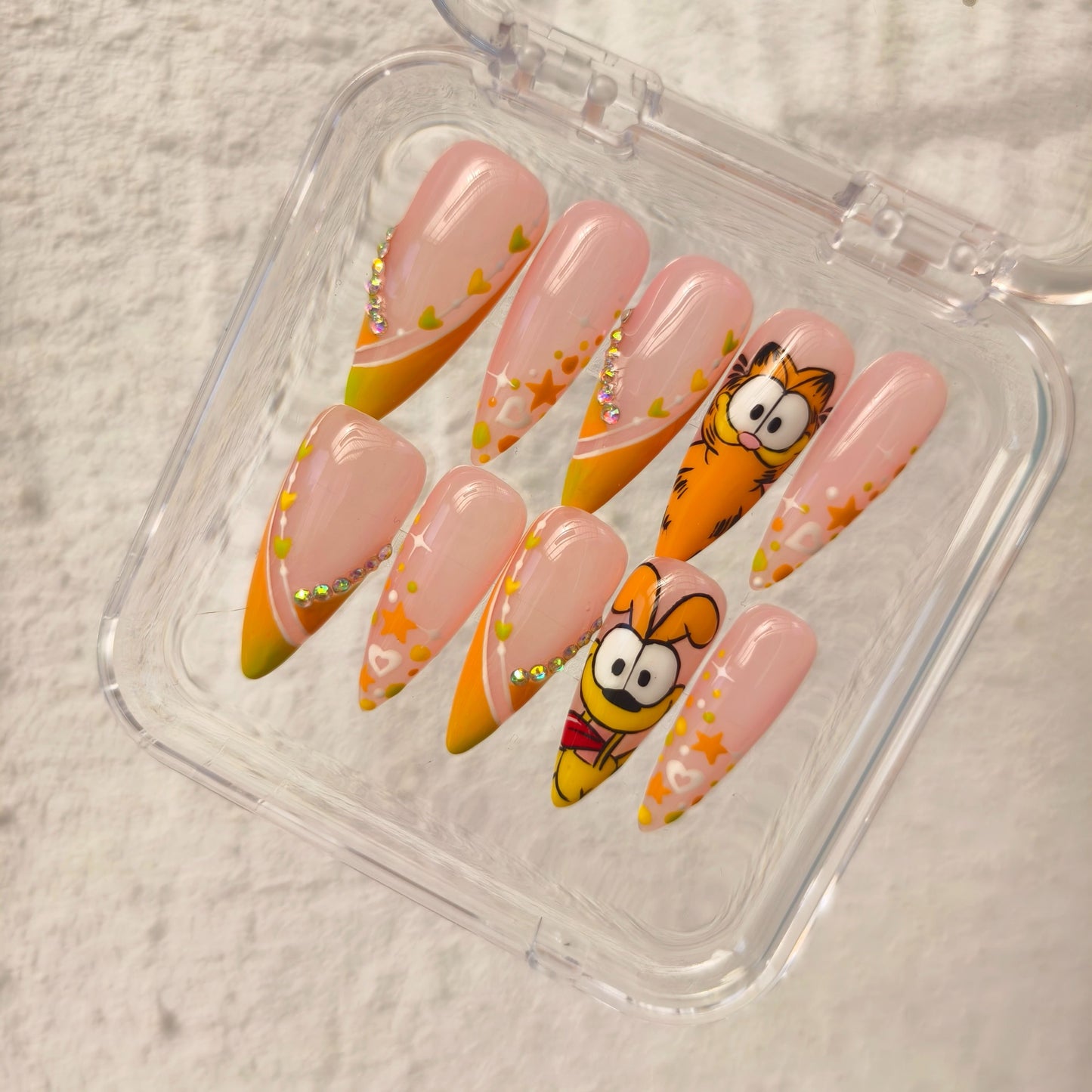 PROMAKE Custom Nails | Orange Kitty Crush H90063 | Luxury Handmade Press-On Nails,Cute Orange Cartoon Cat Nail Art, Pink & Orange French Tips, Hearts, Stars & Rhinestone Accents，Reusable Nail Kit With Tools, Sizes XS–XL