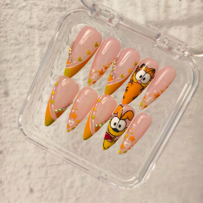 PROMAKE Custom Nails | Orange Kitty Crush H90063 | Luxury Handmade Press-On Nails,Cute Orange Cartoon Cat Nail Art, Pink & Orange French Tips, Hearts, Stars & Rhinestone Accents，Reusable Nail Kit With Tools, Sizes XS–XL