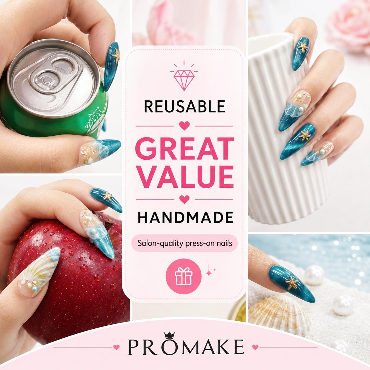 Promake H1184-L33ST Handmade Press On Nails, Elegant Glossy Unisex Accessory, Beach Ready, Nail Art Tools, Different Lengths, No Dry Time, No UV Lamp, Stay Secure Through Sunscreen, Fashion Unisex