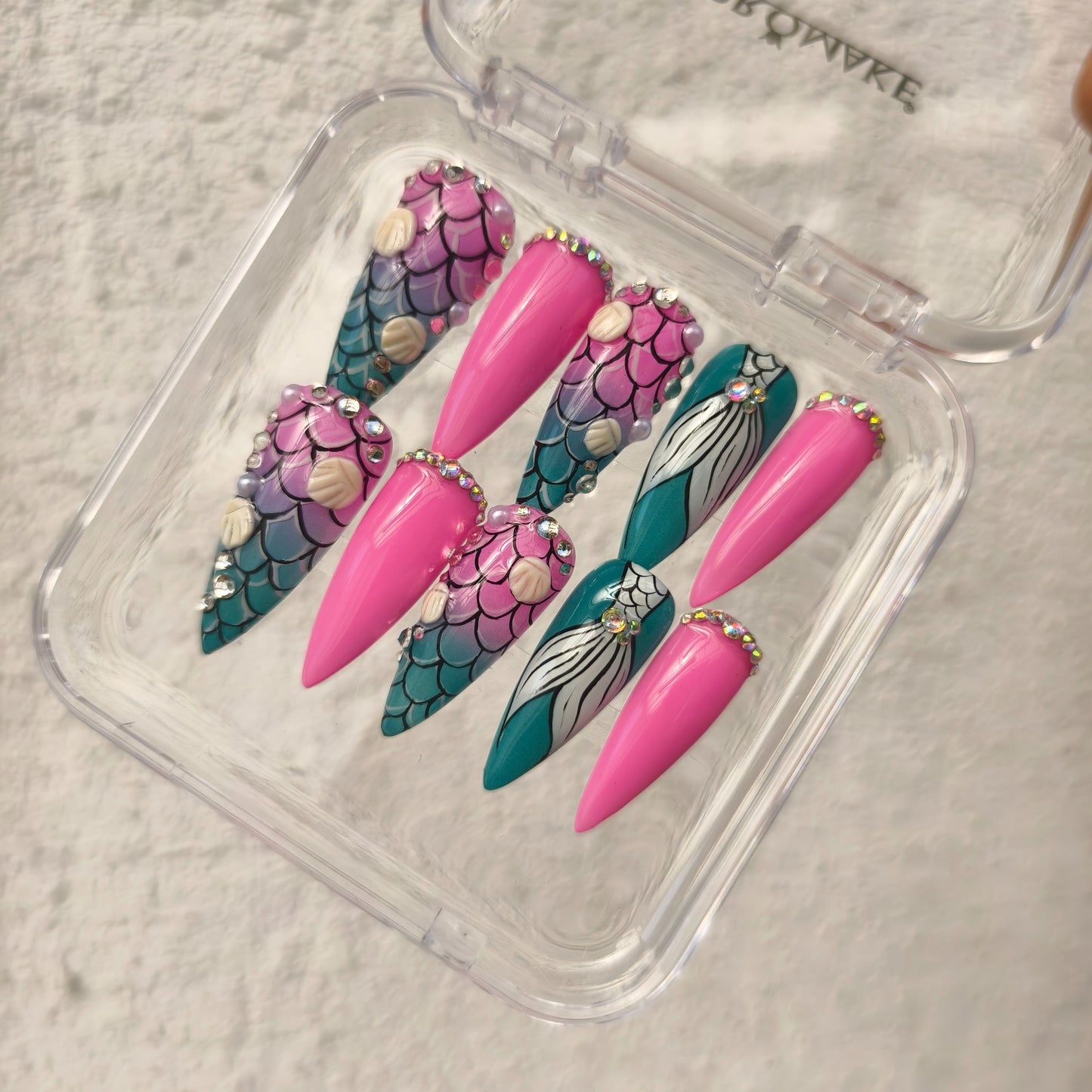 PROMAKE Custom Nails | Mermaid Pearl Fantasy H90066 | Luxury Handmade Press-On Nails,Pink & Teal Mermaid Scale Nail Art, 3D Seashells, Pearl & Rhinestone Accents，Reusable Nail Kit With Tools, Sizes XS–XL