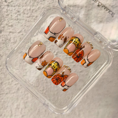 PROMAKE Custom Nails | Autumn Harvest Bear H90069 | Luxury Handmade Press-On Nails,Cute Cartoon Bear & Pumpkin Nail Art, Orange Fall Leaves, Patchwork French Tips, Gold Rhinestone Accents，Reusable Nail Kit With Tools, Sizes XS–XL