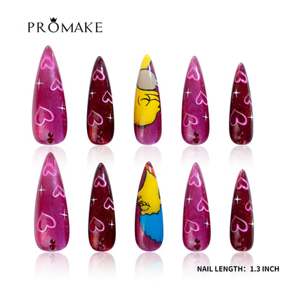 PROMAKE Custom Nails | Love Struck H90006 | Luxury Handmade Press-On Nails, Pink And Burgundy Glitter Stiletto Nails With Neon Hearts And Playful Cartoon Art，Reusable Nail Kit With Tools, Sizes XS–XL
