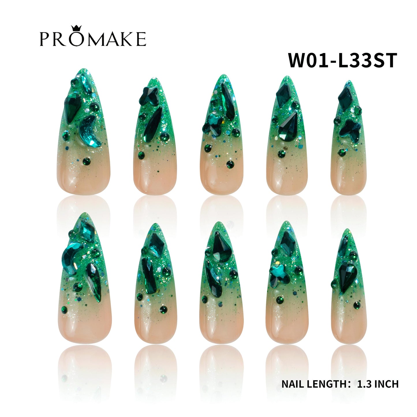 Promake Wonders Handmade Press-On Nails - Open InLive Crystal Design, Single Item, Luxury Unique Style, Salon Quality, Long Length, S-L Sizes, 4 Sets of Nail Tools, Handmade Press Ons
