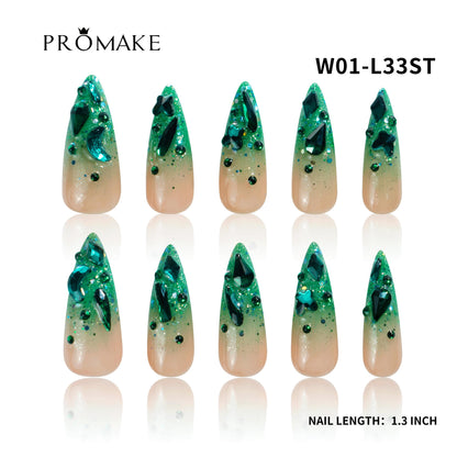 Promake Wonders Handmade Press-On Nails - Open InLive Crystal Design, Single Item, Luxury Unique Style, Salon Quality, Long Length, S-L Sizes, 4 Sets of Nail Tools, Handmade Press Ons