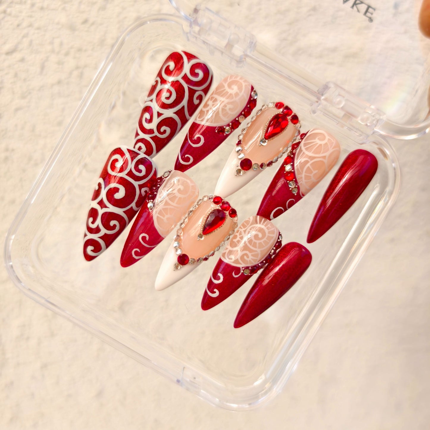 PROMAKE Custom Nails | Crimson Baroque H90070 | Luxury Handmade Press-On Nails,Ruby Red Glitter, Elegant White Swirl & Lace Nail Art, Sparkling Red Rhinestones，Reusable Nail Kit With Tools, Sizes XS–XL