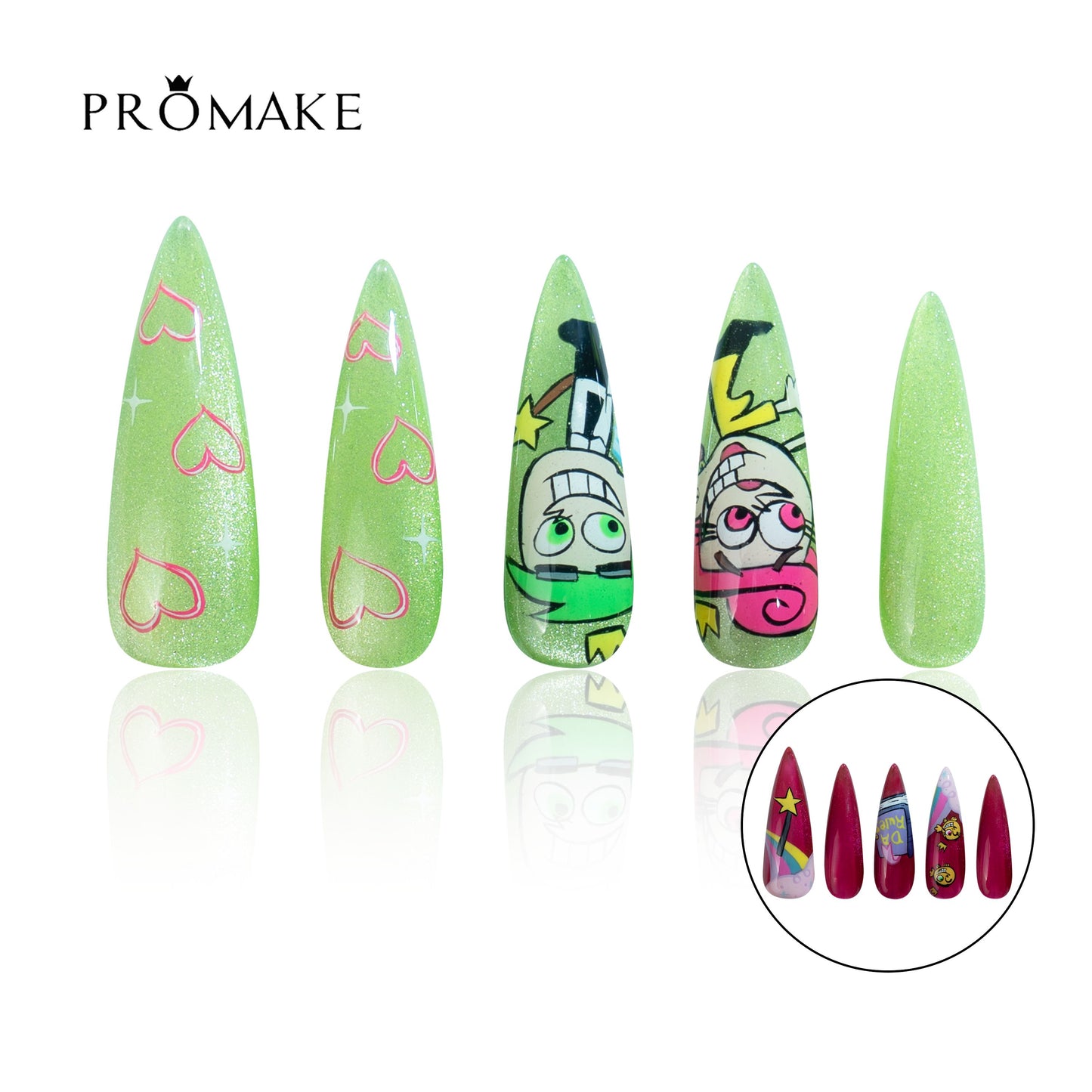 PROMAKE Custom Nails | Minty Mischief H90007 | Luxury Handmade Press-On Nails, Sparkly Mint Green Stiletto Nails With Pink Hearts And Playful Cartoon Art，Reusable Nail Kit With Tools, Sizes XS–XL