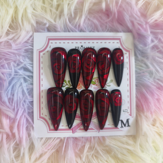 Promake  Midnight Bloom- Luxury Handmade Long Nail Set 33MM with Art Designs & Care Tools Ready to Gift Long Lasting Nails S-L Size Premium ABS Material