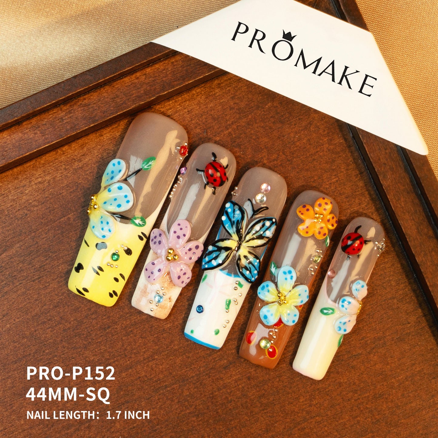 Promake Symphony Collection – Luxury Handmade 3D Floral Butterfly Press-On Nails | Artistic Reusable False Nails Set with Crystals & Gems | 10 PCS with Glue | Elegant DIY Nail Art Gift – Sizes XS–XL