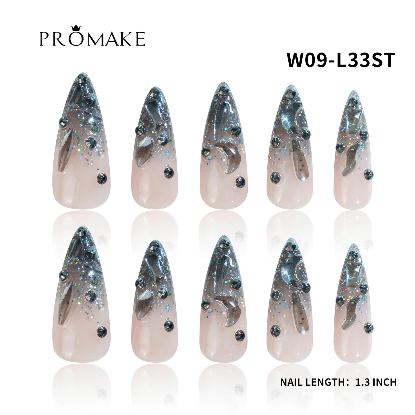 Promake Wonders Handmade Press-On Nails - Open InLive Crystal Design, Single Item, Luxury Unique Style, Salon Quality, Long Length, S-L Sizes, 4 Sets of Nail Tools, Handmade Press Ons
