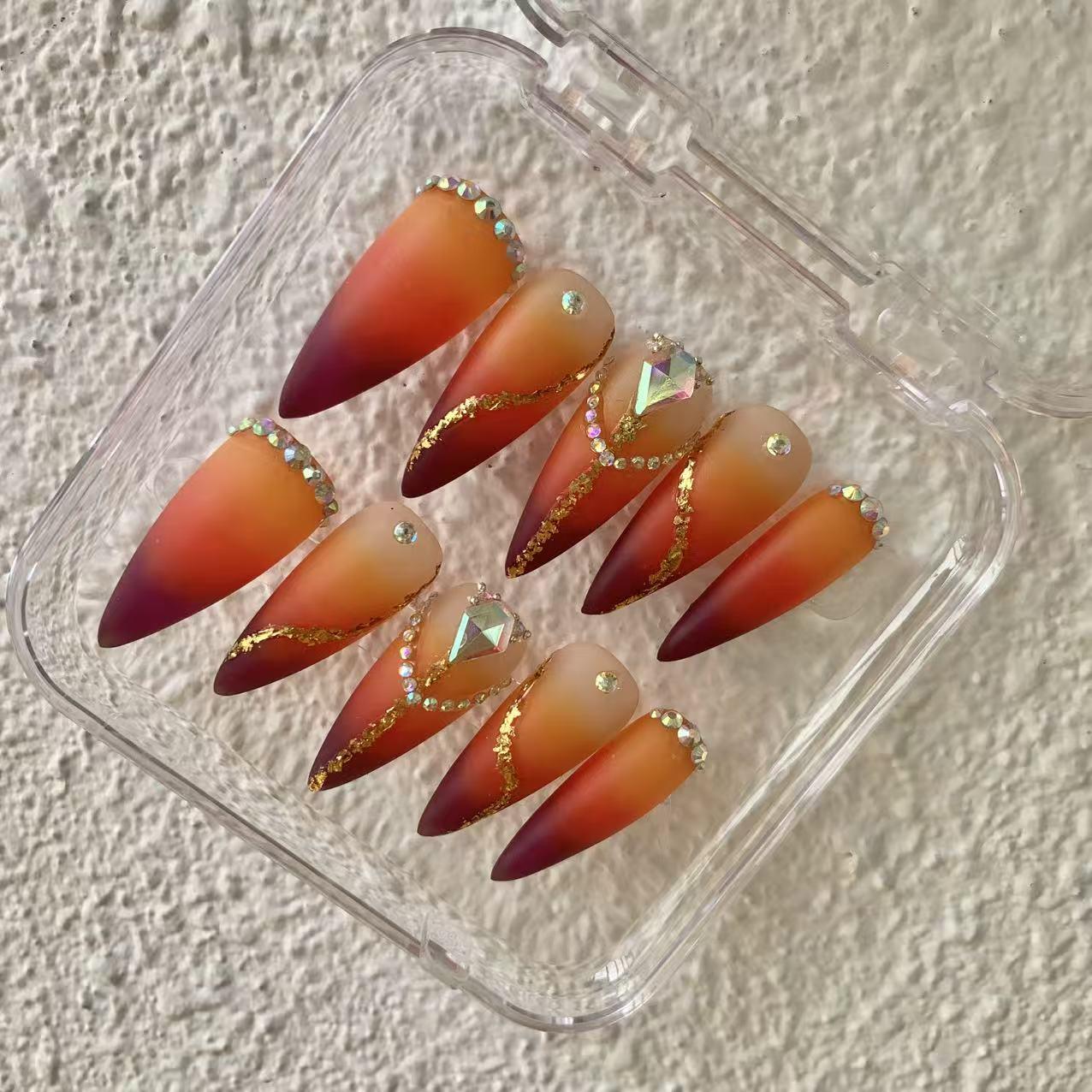 Promake Fall Muse Collection Luxury Handmade Women's Reusable 3D Acrylic Press On Nails - Cat Eye, Rhinestone, Unique Autumn Designs, Multiple Shapes & Lengths, Application Kit, Nail Art Supply