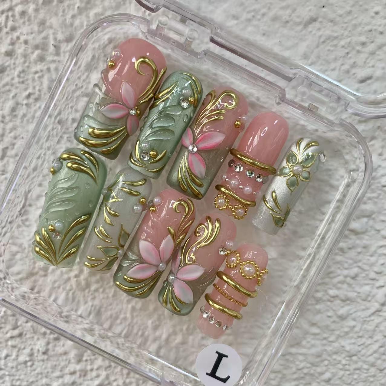 Promake H1102-H1150 New Limited Luxury Handmade Press-On Nails, Reusable Multi-Pack with Easy Nail Art, Different Lengths, Beach & Floral Designs, Long-Lasting, No Dry Time