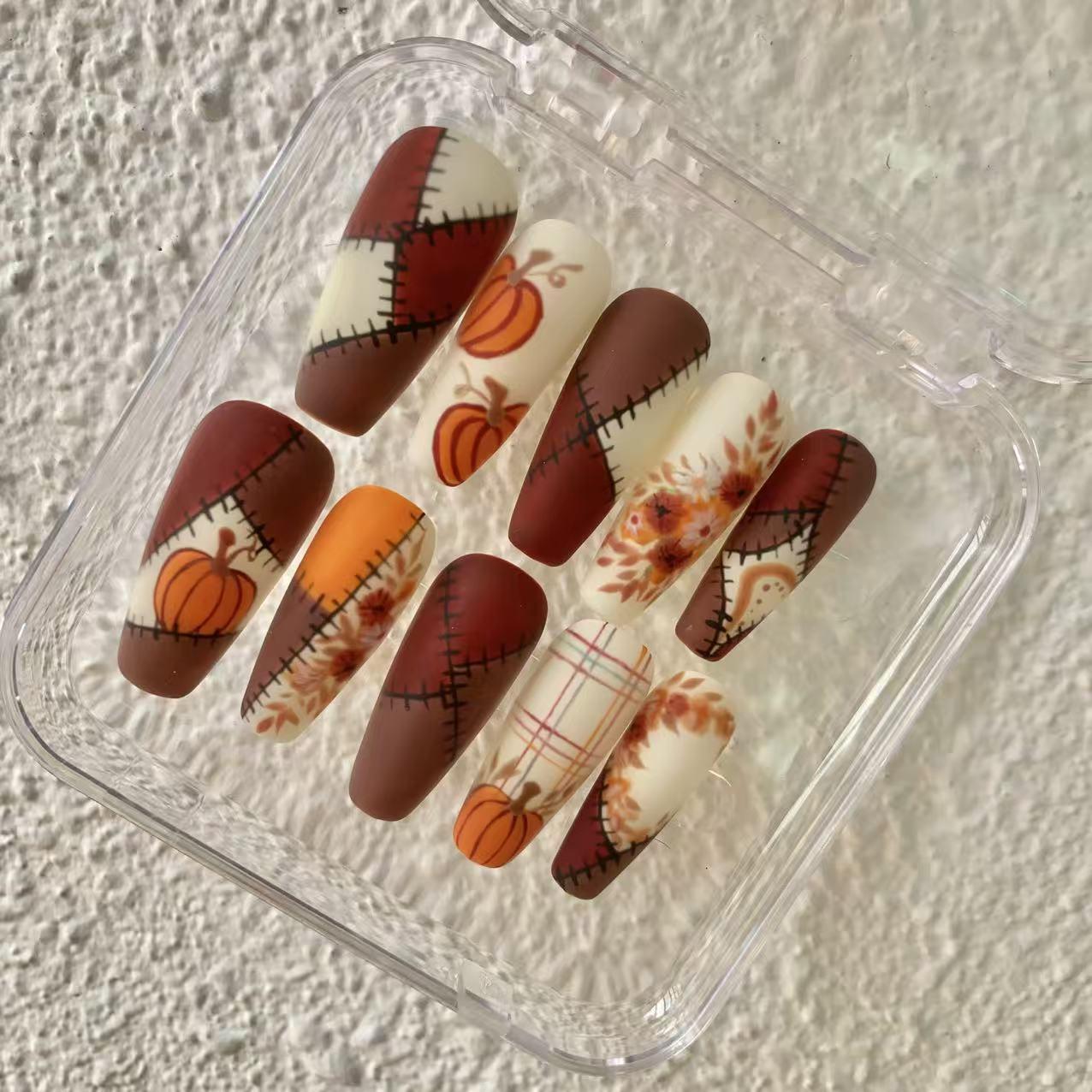 Promake Fall Muse Collection Luxury Handmade Women's Reusable 3D Acrylic Press On Nails - Cat Eye, Rhinestone, Unique Autumn Designs, Multiple Shapes & Lengths, Application Kit, Nail Art Supply