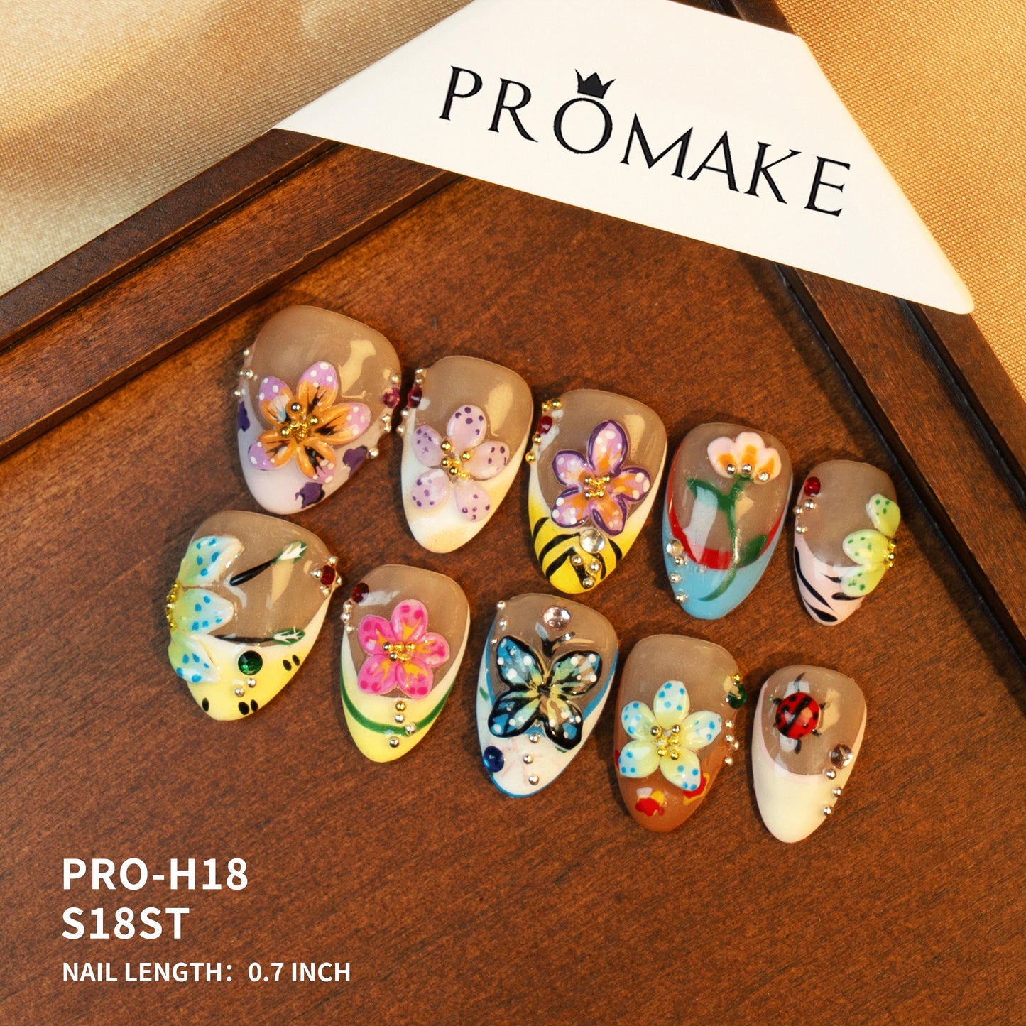 Promake Symphony Collection – Luxury Handmade 3D Floral Butterfly Press-On Nails | Artistic Reusable False Nails Set with Crystals & Gems | 10 PCS with Glue | Elegant DIY Nail Art Gift – Sizes XS–XL