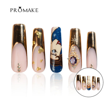 PROMAKE Custom Nails | Gilded Fairytale H90008 | Luxury Handmade Press-On Nails, Gold Chrome French Tip Square Nails With Royal Blue Starry Art, 3D Gold Hearts And Purple Rhinestone Jewels，Reusable Nail Kit With Tools, Sizes XS–XL