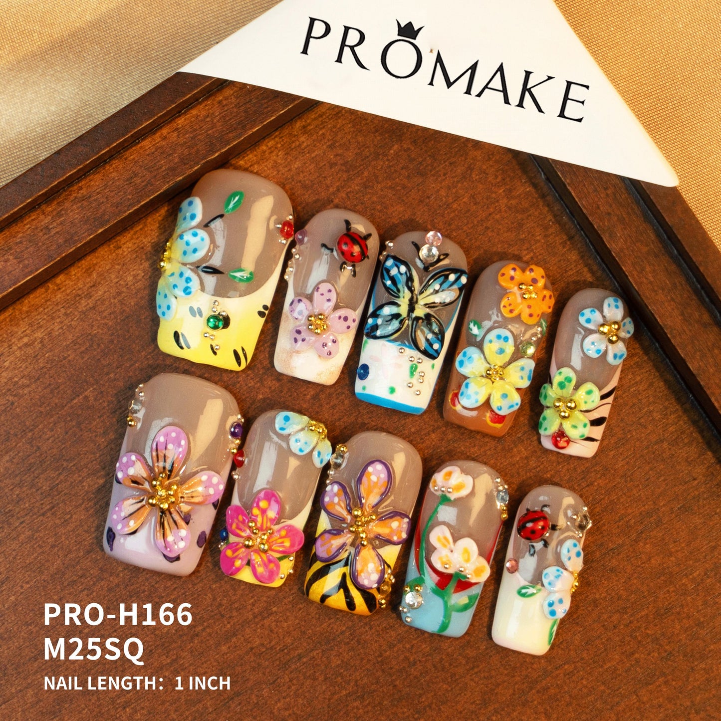 Promake Symphony Collection – Luxury Handmade 3D Floral Butterfly Press-On Nails | Artistic Reusable False Nails Set with Crystals & Gems | 10 PCS with Glue | Elegant DIY Nail Art Gift – Sizes XS–XL