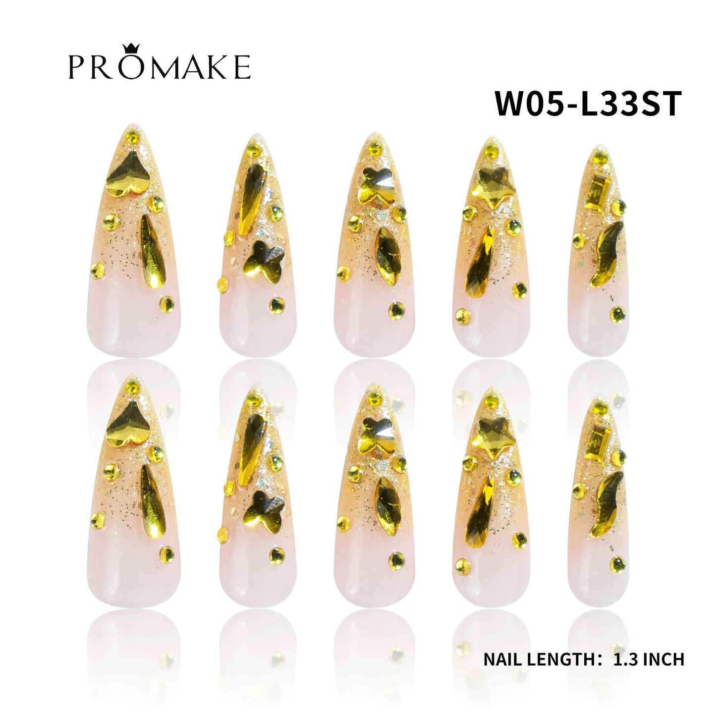 Promake Wonders Handmade Press-On Nails - Open InLive Crystal Design, Single Item, Luxury Unique Style, Salon Quality, Long Length, S-L Sizes, 4 Sets of Nail Tools, Handmade Press Ons