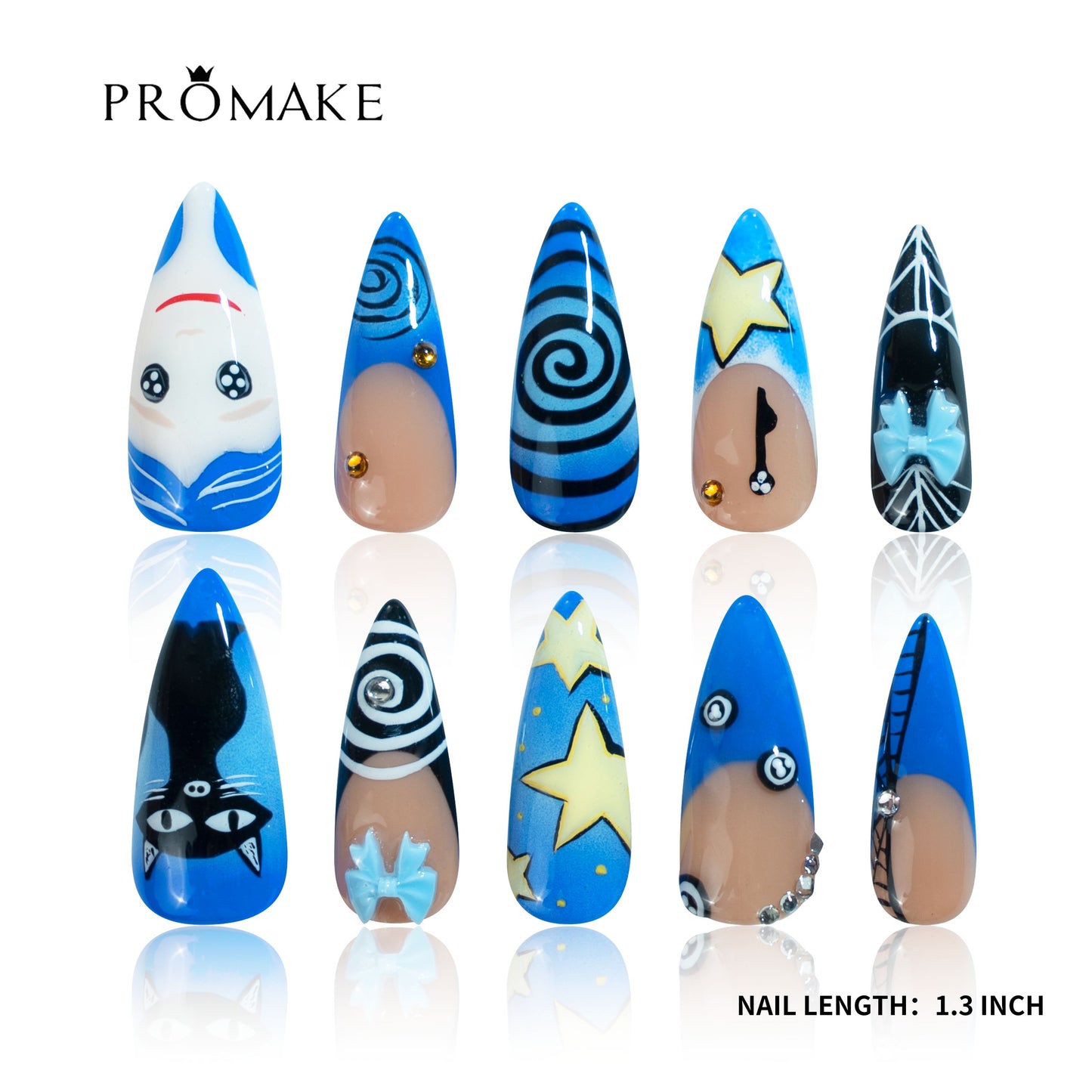 PROMAKE Custom Nails | Midnight Whimsy H90009 | Luxury Handmade Press-On Nails, Royal Blue Almond Nails With Starry Swirls, Black Cat Art And 3D Blue Bows，Reusable Nail Kit With Tools, Sizes XS–XL