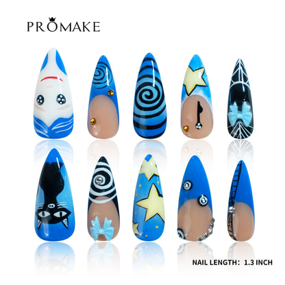 PROMAKE Custom Nails | Midnight Whimsy H90009 | Luxury Handmade Press-On Nails, Royal Blue Almond Nails With Starry Swirls, Black Cat Art And 3D Blue Bows，Reusable Nail Kit With Tools, Sizes XS–XL