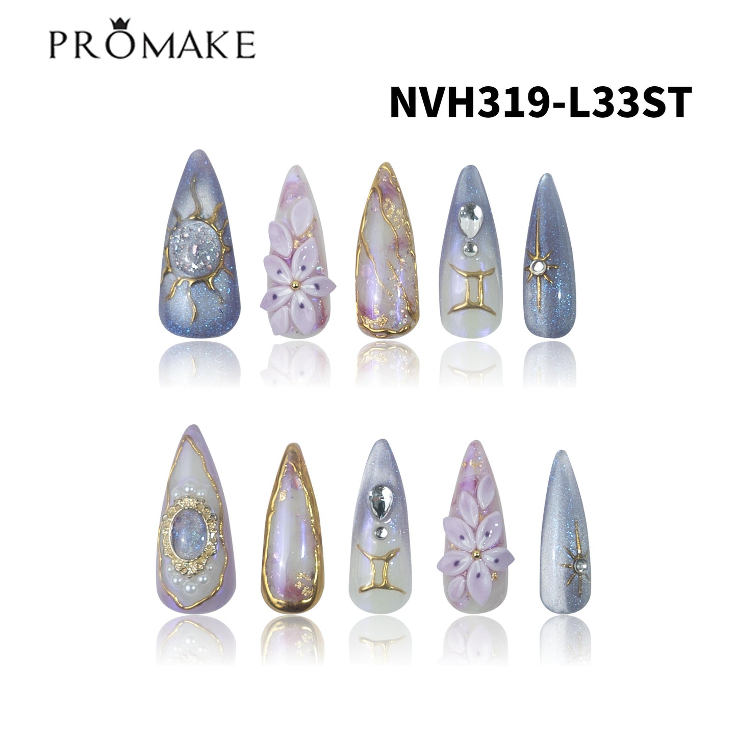 Promake Luxury Handmade Pressed On Decorative Fake Nails Extensions - 1.3 inches Rhinestone Nail Art, 33mm Super Long Length, S-L Sizes, Single Item