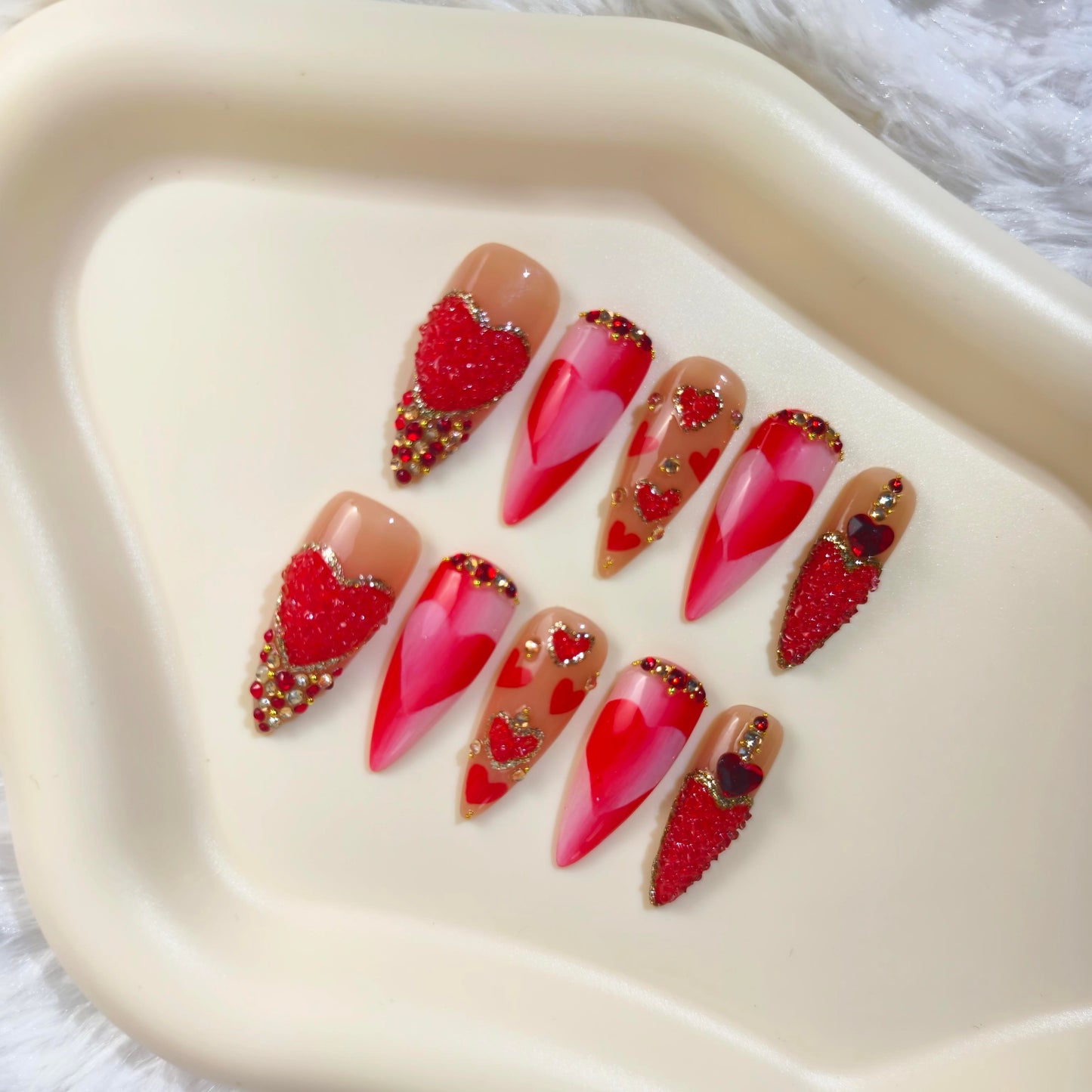 Promake | Love & Abundance Collection | Luxury Handmade Press On Nails with Gold Dollar & Heart Design | Reusable Custom Fit False Nails for Women