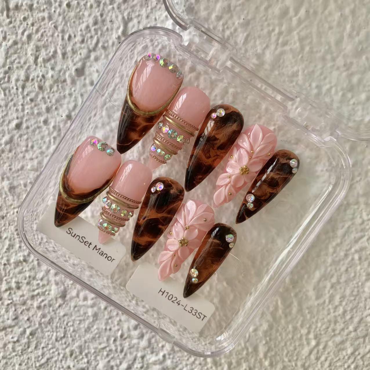 Promake Fall Muse Collection Luxury Handmade Women's Reusable 3D Acrylic Press On Nails - Cat Eye, Rhinestone, Unique Autumn Designs, Multiple Shapes & Lengths, Application Kit, Nail Art Supply