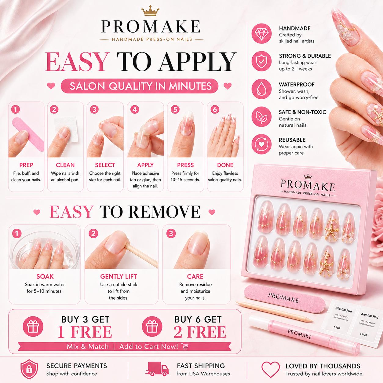 Promake H910-L33ST Handmade Press On Nails, Summer Beach Ready, Nail Inspo Name Accessory