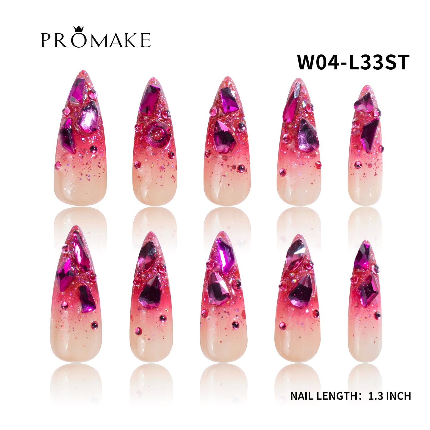 Promake Wonders Handmade Press-On Nails - Open InLive Crystal Design, Single Item, Luxury Unique Style, Salon Quality, Long Length, S-L Sizes, 4 Sets of Nail Tools, Handmade Press Ons